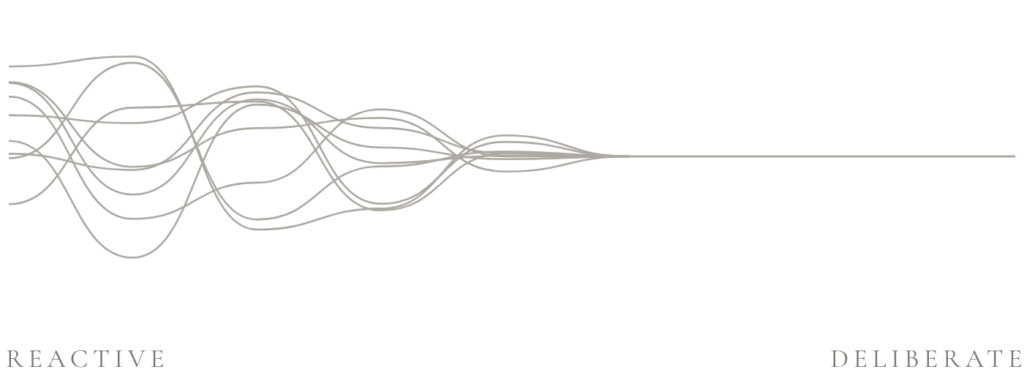 Diagram for The Deliberate Mind: scattered lines of thought converging into a single deliberate line